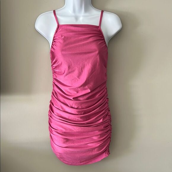 SHEIN Women's Pink Adj. Spaghetti Strap Back Zip Ruched Mini Dress Size Medium - Picture 1 of 11